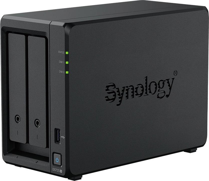 Synology DS725+ with two drive trays partially pulled out, white background