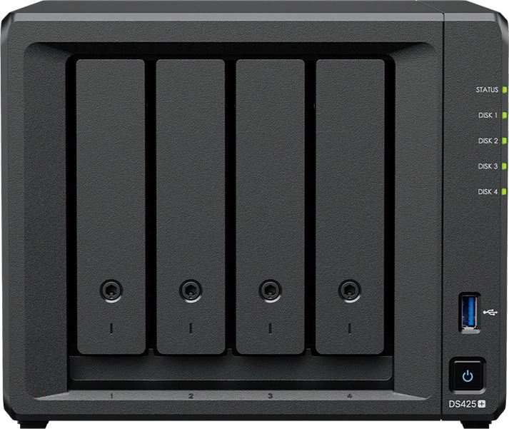 Synology DS425+ 4-bay DiskStation NAS, front three-quarter view - product photo courtesy Synology Inc.