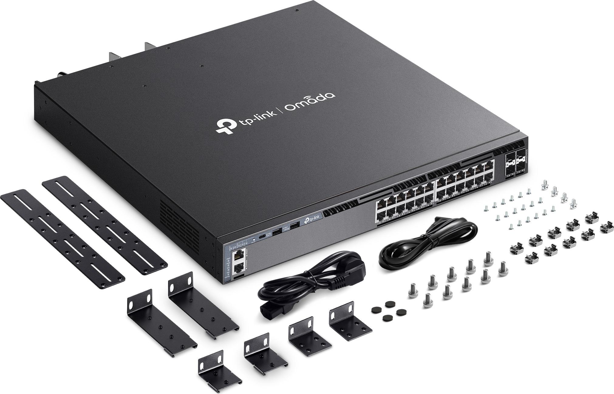 TP-Link Omada SG6428XHP front view showing 24 PoE+ ports and 4 SFP+ uplinks - official TP-Link product photo