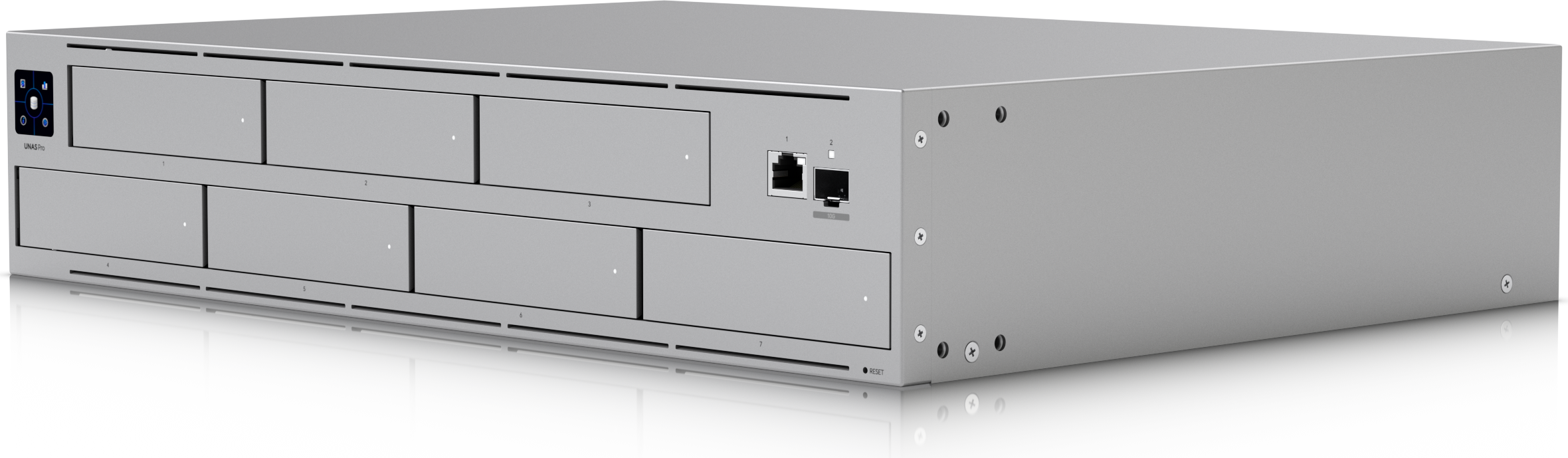 Ubiquiti UNAS Pro 2U rack-mount NAS, seven drive bays, front view (official Ubiquiti product image)